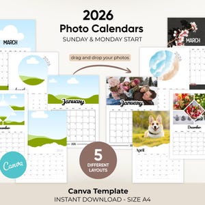 Plantilla de Canva para calendario fotográfico 2026 | Calendario de pared editable A4 | Comienza en lunes y domingo | 5 diseños, planificador imprimible de 12 meses