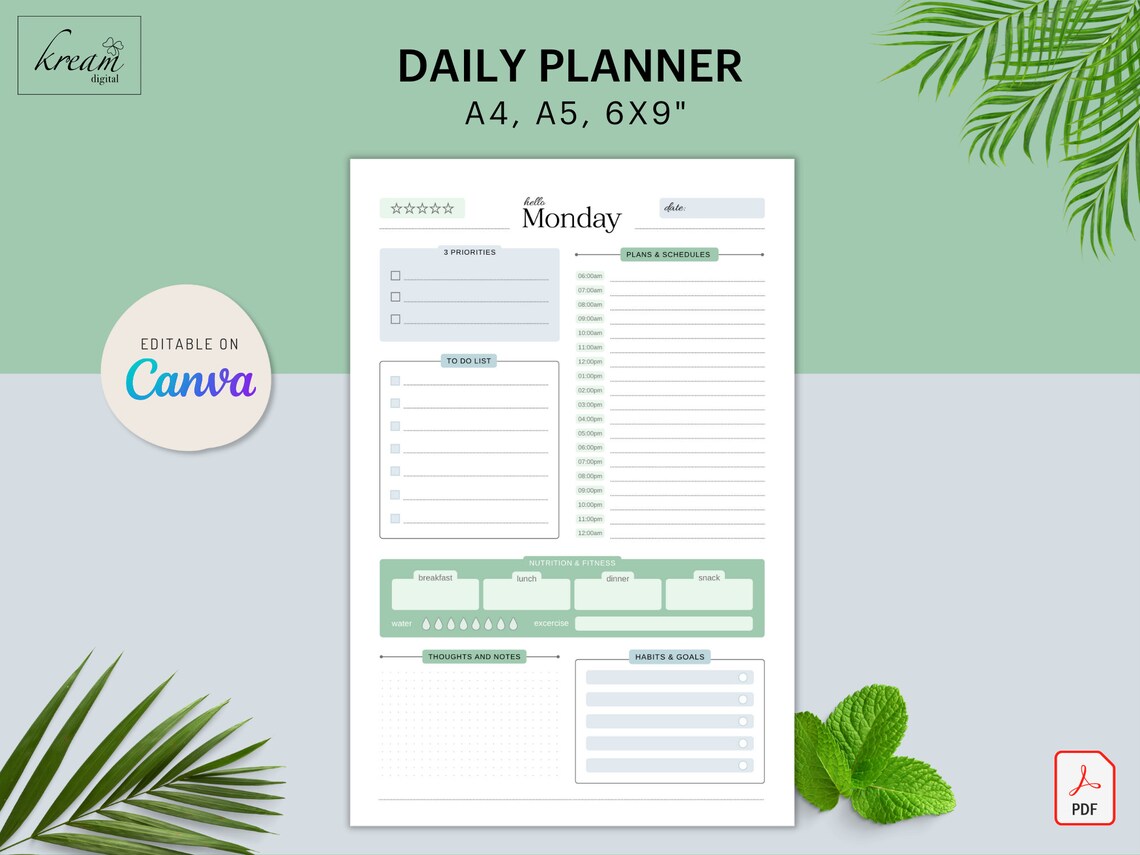 CANVA Template Daily Planner | 7 Days | 6 Styles | Printable PDF | A4 ...