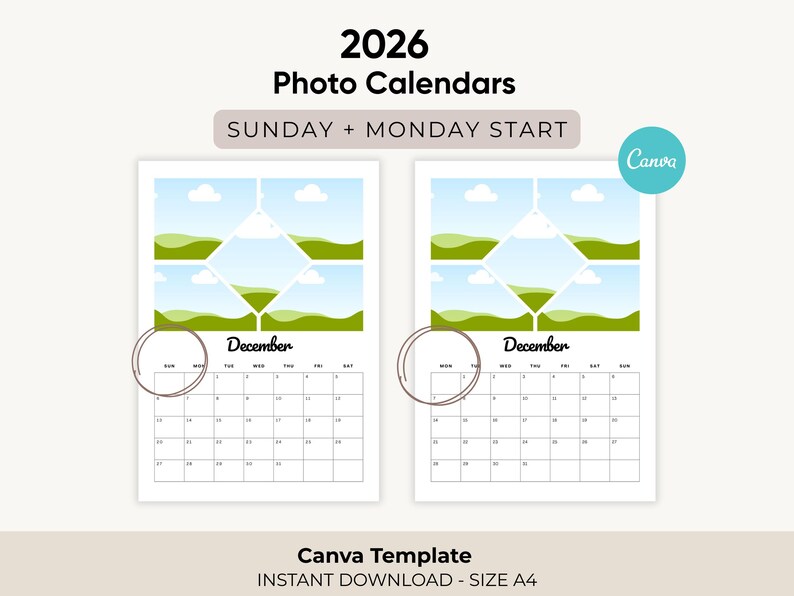 2026 Photo Calendar Canva Template | A4 Editable Wall Calendar | Monday ...