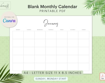 CANVA Blank Monthly Calendar | Sunday and Monday start | Printable PDF | A4 - Letter size 11 x 8.5 | Commercial Licence