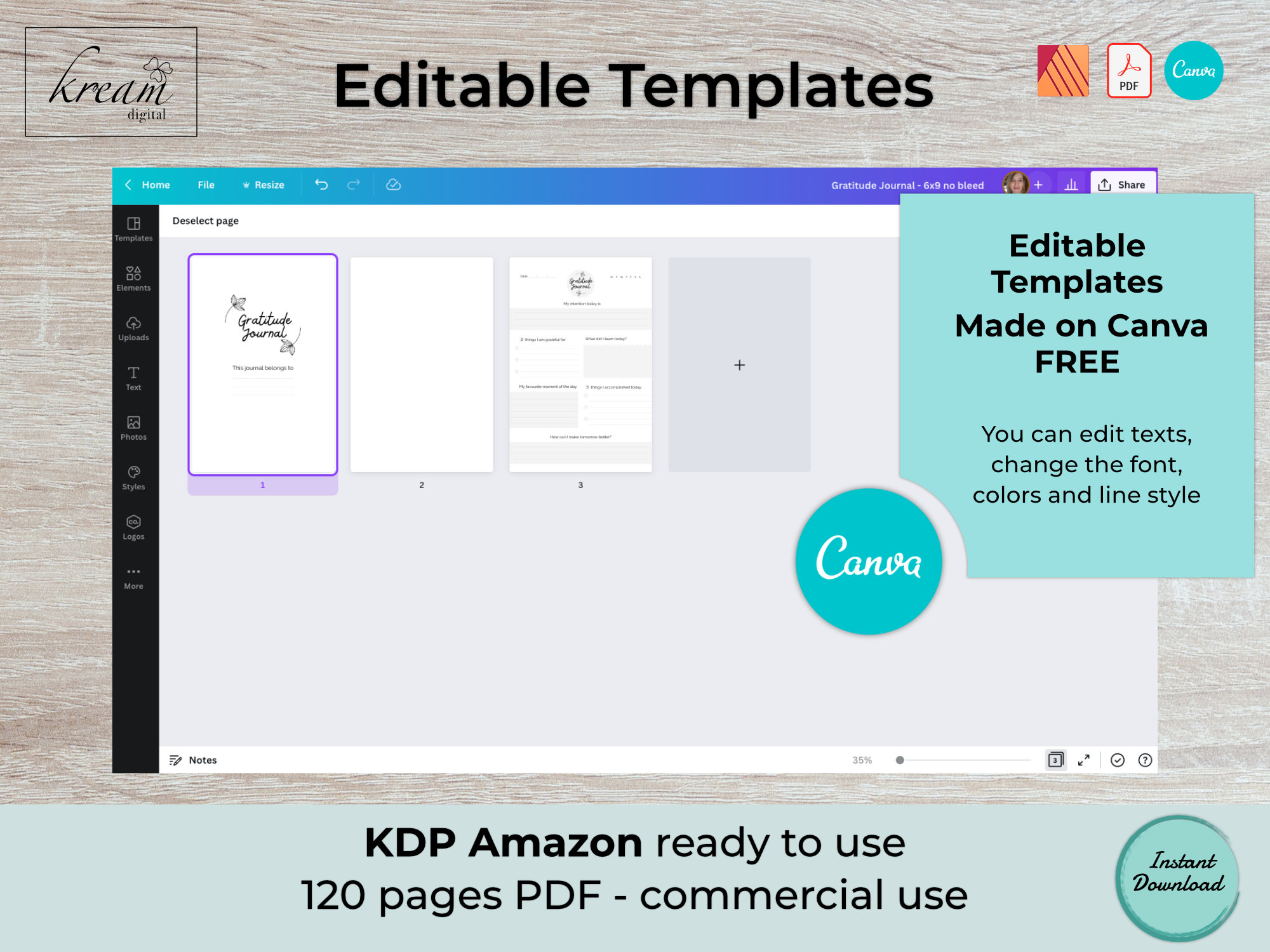 Gratitude Journal Template Canva | KDP Interior | 6x9 Printable Journal ...