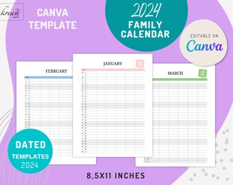 Monthly Family Calendar 2024, Canva editable, Printable, Letter size, 4, 5 and 6 family members versions