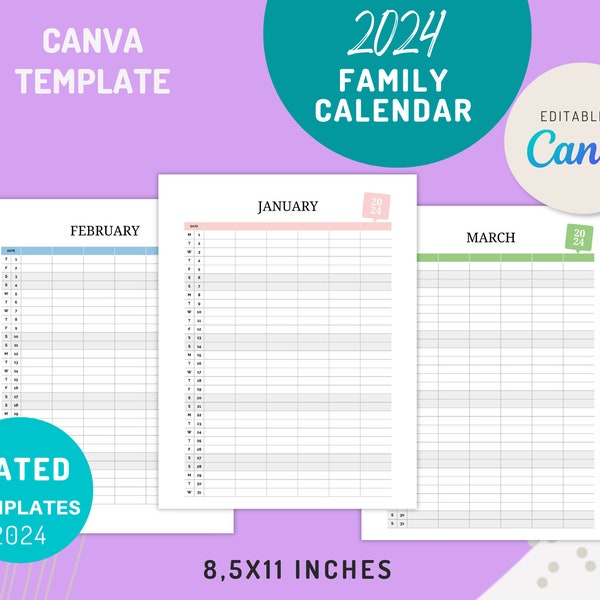 Monthly Family Calendar 2024, Canva editable, Printable, Letter size, 4, 5 and 6 family members versions