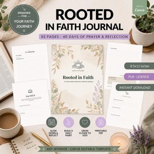 Può includere: Un modello di diario Rooted in Faith con una guida alla lettura della Bibbia e alla preghiera di 40 giorni. Il set include 92 pagine di 21,59x27,94 cm, con copertina floreale, formato PDF stampabile e modelli Canva modificabili.