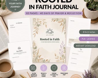 Rooted in Faith 40 Day Bible Journal Canva Template, Printable Editable PDF, KDP Interior PLR