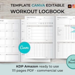 Op de afbeelding: Een afdrukbare sjabloon voor een workout-logboek, ontworpen voor gebruik met Canva. De sjabloon bevat een 30-daagse uitdagingstracker, een dagelijks workout-logboek, een wekelijkse check-in en secties voor het bijhouden van de voortgang. De sjabloon is 15,24 cm bij 22,86 cm en is direct te downloaden. De tekst "KDP Amazon ready to use" en "111 pages PDF - commercial use" is ook inbegrepen.