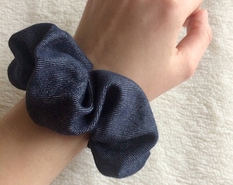 Dark blue jeans large scrunchie hair elastic