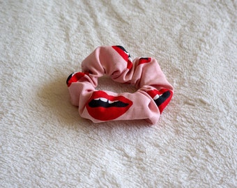 Pink lips kiss pastel summer print scrunchie hair elastic cotton