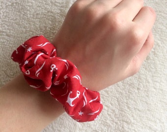 Red White Nautical anchors retro print scrunchie hair elastic