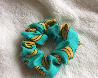 Funky banana yellow green summer print scrunchie hair elastic cotton