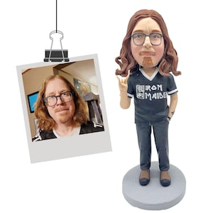 Puede incluir: Una figura de bobblehead personalizada de una persona con cabello largo y ondulado color casta&ntilde;o rojizo, gafas y perilla, que lleva una camiseta negra con "IRON MAIDEN" impresa. La figura est&aacute; sobre una base circular gris. Una foto est&aacute; sujeta en la parte superior.
