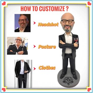 May include: A custom bobblehead figure of a bald man with a beard and glasses, wearing a black suit and white shirt, holding a wine glass. The image includes text HOW TO CUSTOMIZE, Headshot, Posture, and Clothes with reference photos.