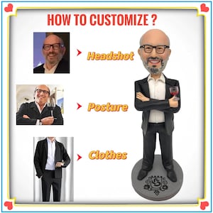 Puede incluir: Una figura de cabeza oscilante personalizada de un hombre con traje negro, sosteniendo una copa de vino. La imagen muestra c&oacute;mo personalizar la figura con opciones de foto, postura y ropa. La base es gris con un escudo.