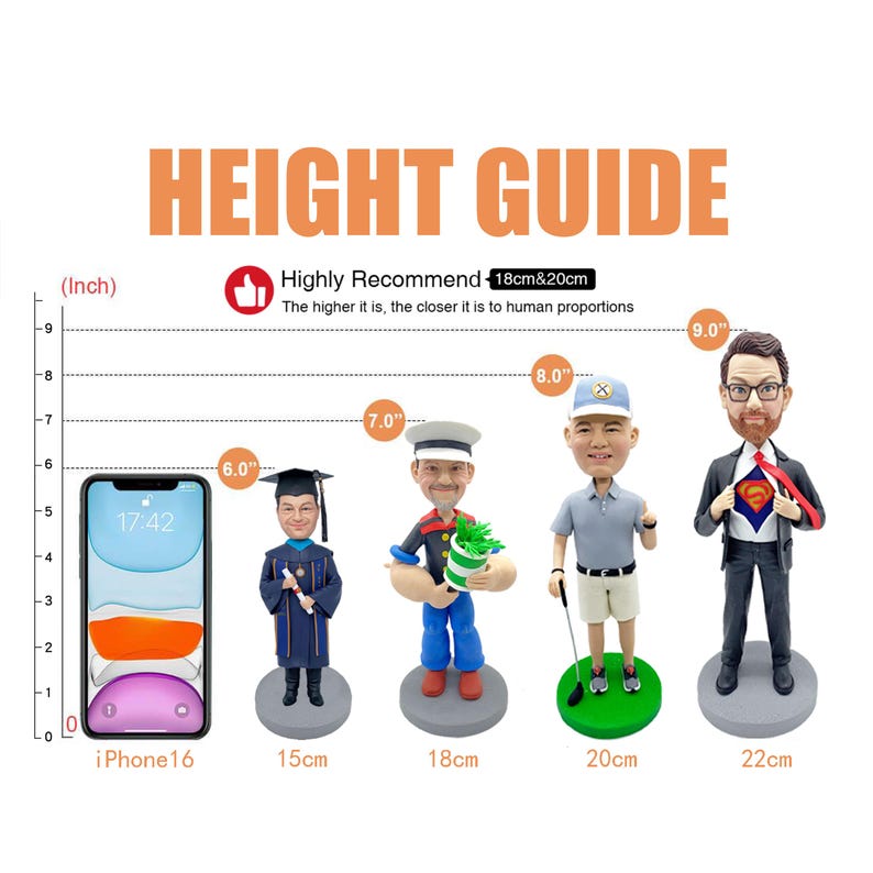 May include: A height guide chart featuring four custom bobblehead figurines standing on circular bases next to an iPhone 16. The figurines represent a graduate, a sailor, a golfer, and a person in a suit with a Superman logo shirt underneath.