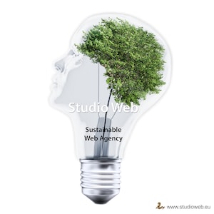 May include: A light bulb with a tree growing inside, representing a sustainable web agency. The text "Studio Web" and "Sustainable Web Agency" is visible on the bulb.