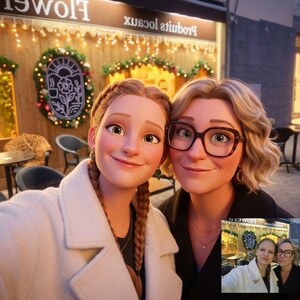 Może przedstawiać: Selfie dwóch uśmiechniętych kobiet, obie z animowanymi cechami. Jedna ma długie, zaplecione włosy i biały płaszcz, druga nosi okulary i czarny płaszcz. W tle kwiaciarnia z dekoracjami świątecznymi.
