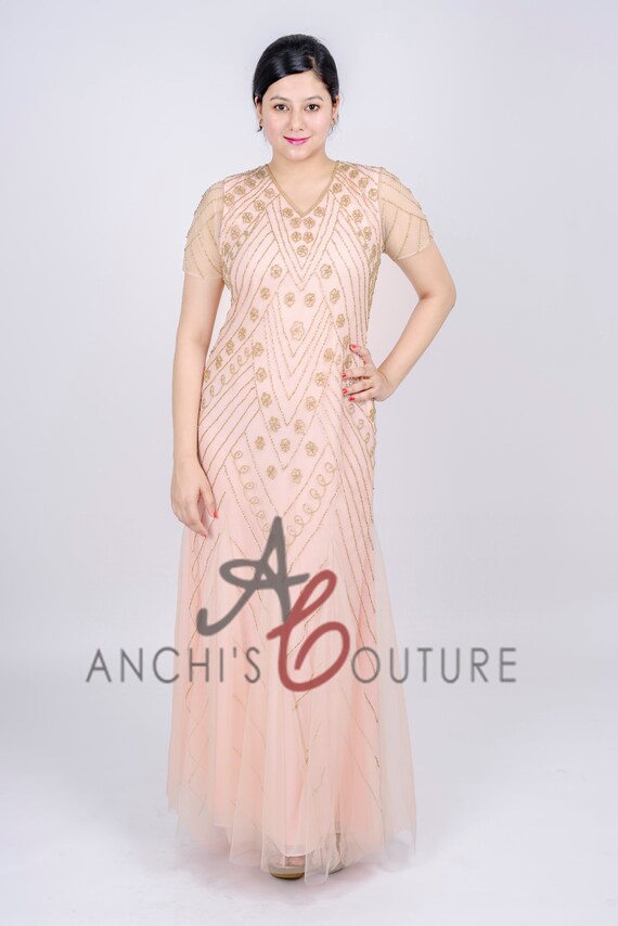 peach color plus size dress