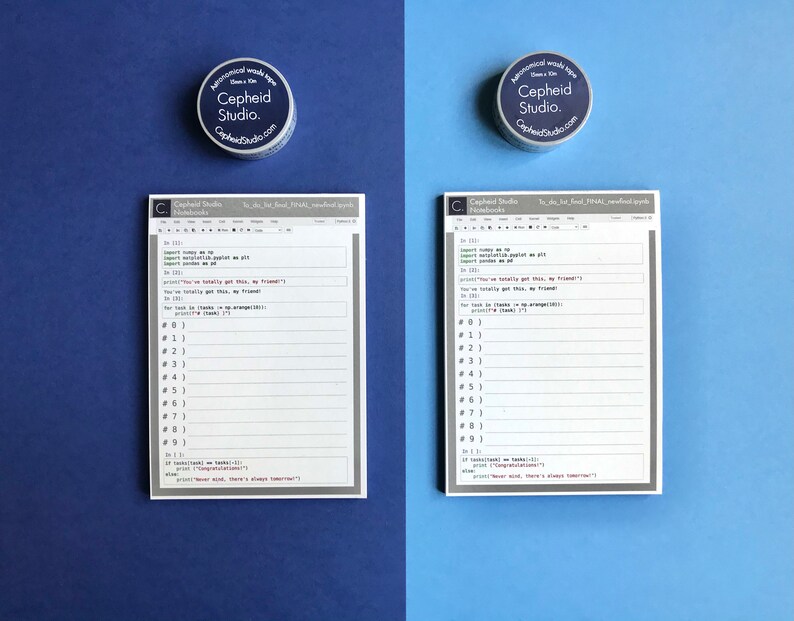 Pu&ograve; includere: Due blocchi note bianchi con pagine a righe e codice blu e nero stampato su di essi. I blocchi note sono etichettati "Cepheid Studio Notebooks" e hanno il testo "To do, To feel, To think, To make, To create, To grow" stampato su di essi. I blocchi note sono su uno sfondo blu e blu chiaro.