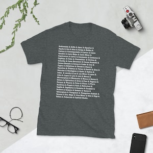 Puede incluir: Una camiseta gris oscuro jaspeada con texto blanco que enumera las 88 constelaciones. El texto está centrado en la camiseta y dice: Andrómeda & Antlia & Apus & Acuario & Águila & Altar & Aries & Auriga & Boötes & Caelum & Camelopardalis & Cáncer & Canes Venatici & Canis Major & Canis Minor & Capricornus & Carina & Cassiopeia & Centaurus & Cepheus & Cetus & Chamaeleon & Circinus & Columba & Coma Berenices & Corona Australis & Corona Borealis & Corvus & Crater & Crux & Cygnus & Delphinus & Dorado & Draco & Equuleus & Eridanus & Fornax & Géminis & Grus & Hércules & Horologium & Hydra & Hydrus & Indus & Lacerta & Leo & Leo Minor & Lepus & Libra & Lupus & Lynx & Lyra & Mensa & Microscopium & Monoceros & Musca & Norma & Octans & Ofiuco & Orión & Pavo & Pegaso & Perseo & Fénix & Pintor & Piscis & Piscis Austrinus & Puppis & Pyxis & Reticulum & Sagitta & Sagitario & Escorpio & Escultor & Scutum & Serpiente & Sextante & Tauro & Telescopio & Triángulo & Triángulo Austral & Tucán & Osa Mayor & Osa Menor & Vela & Virgo & Volans & Vulpecula & Cepheid Studio.