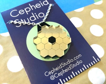 IMPERFECT Seconds stock: JWST pendant necklace, pin badge, cufflinks, earrings, James Webb Space Telescope Perspex necklace