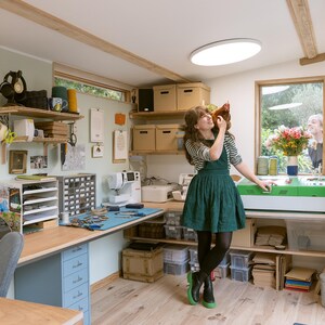 May include: A woman in a green dress holds a brown chicken in a workshop with a sewing machine, shelves, and a laser cutter.