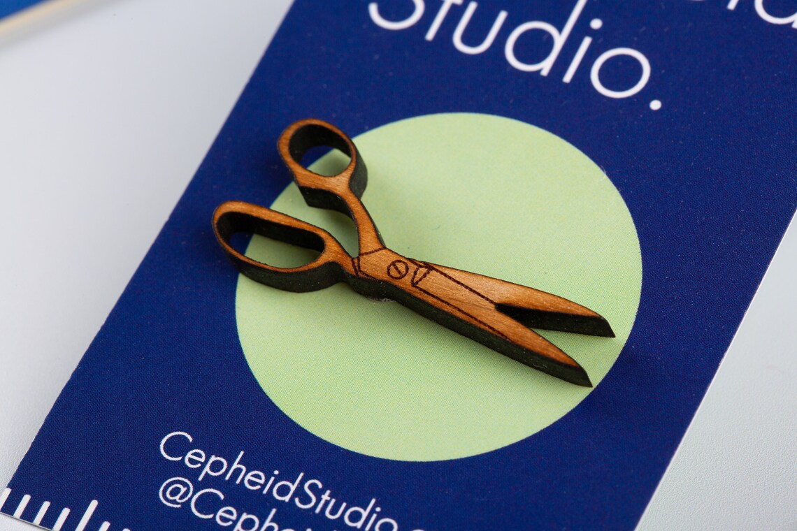 Scissors Pin Badge Wooden Brooch Etsy
