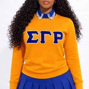 May include: Mustard yellow sweatshirt with blue Greek letters and a blue pleated skirt. The sweatshirt has long sleeves and a crew neck. A blue collared shirt with pearl accents is visible.