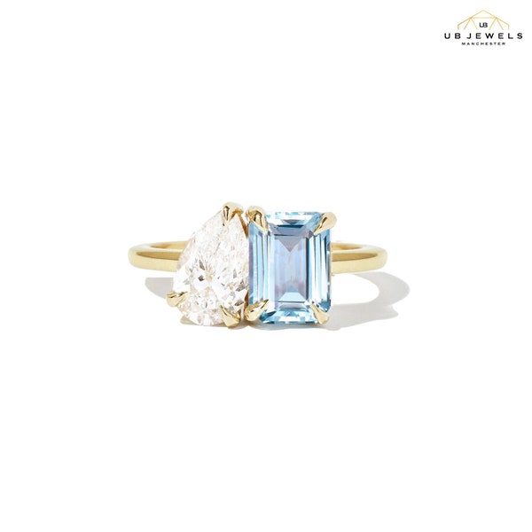 Pear & Aquamarine Cut Light Blue Lab Created Gemstone Diamond Ring, Two Stone Ring, Toi Et Moi Diamond Ring, Dainty Ring, Wedding Ring