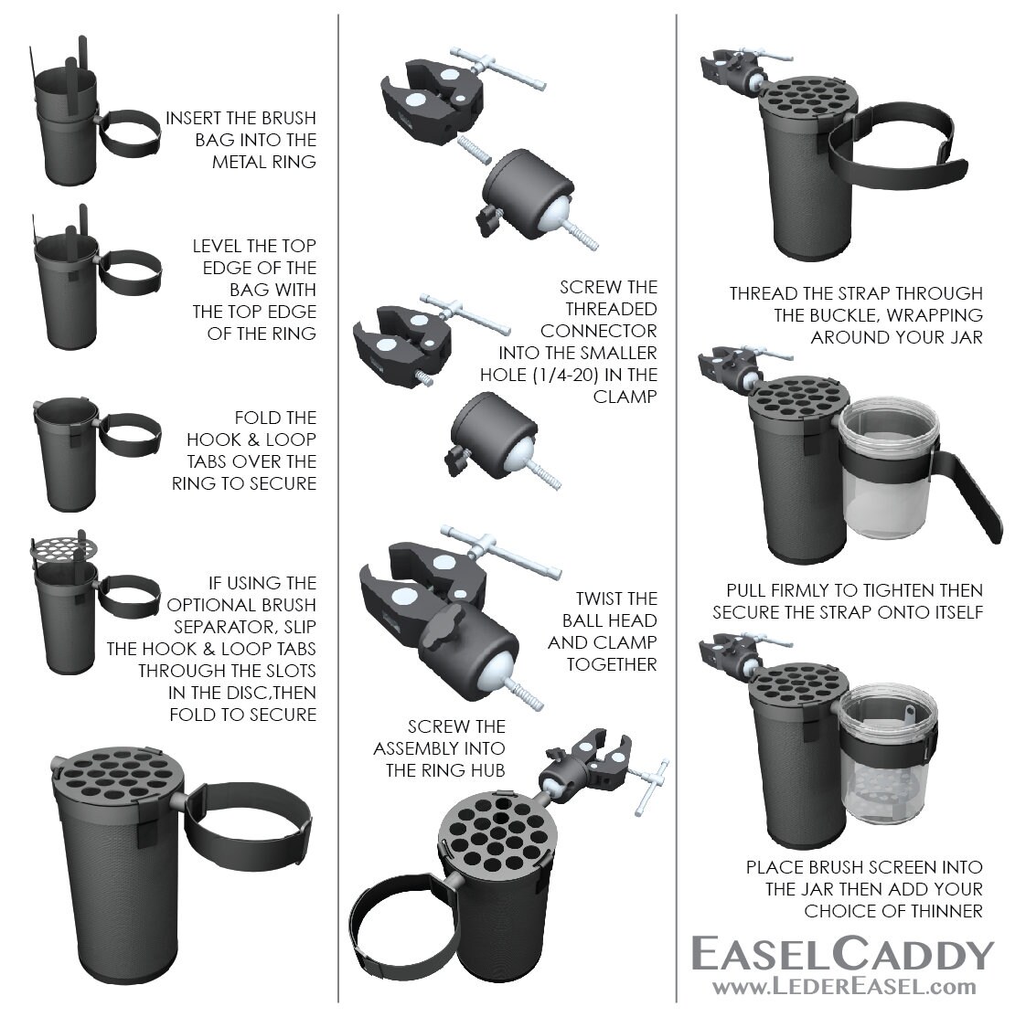 3 Pinces Pour Chevalet - Porte-pinceaux Réglables - Double Clip Rotatif - Métal Et Plastique Noir