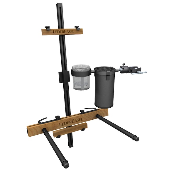 Lightweight artist easel, palette holder, and paintbrush holder in one compact kit. Quick and easy to set up. Made of steel and wood.