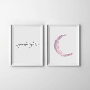 Simple Minimal Goodnight & Crescent Moon Typography Digital Print | Black and White Word Wall Art | Watercolor Moon | Crescent Moon Image
