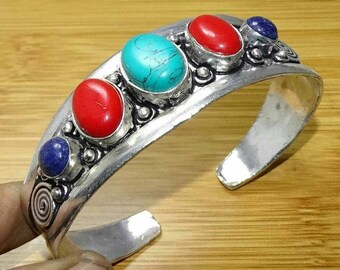 Turquoise,Coral Lapis Lazuli Bangle Cuff Lapis Lazuli Bangles Cuff Bracelet Cuflink,Silver Plated Bangle Jewellery,Multi Stone Bangle