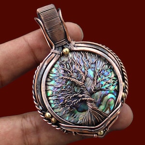 Abalone Shell Tree of Life Pendant, Handmade Copper Wire Wrapped Jewelry