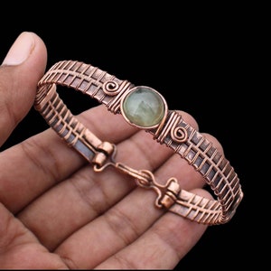 Handmade Copper Wire Wrapped Prehnite Cuff Bangle Bracelet
