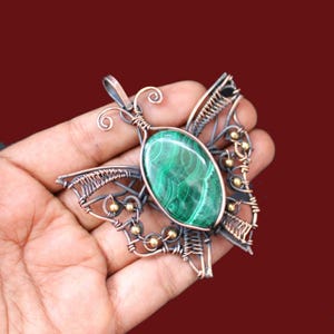 Malachite Gemstone Pendant Copper Wire Wrapped Pendant Handmade Copper Jewelry Butterfly Pendant Amazing Wire Wrapped Jewelry Gift For Her