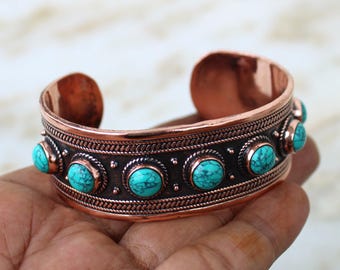 Handmade Turquoise Copper Cuff Bracelet: Gemstone Bangle Jewelry