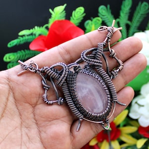 Rose Quartz Necklace, Copper Wire Wrapped Necklace, Gemstone Wire Wrap Necklace, Handmade Necklace, Rose Quartz Jewelry, Birthday Gifts