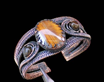 Tigers Eye Bangle Cuff Bracelet Gemstone Wire Wrapped Bangle Cuff Bracelet Gemstone Bracelet Copper Bracelet Cuff Copper Wire Wrap Jewelry