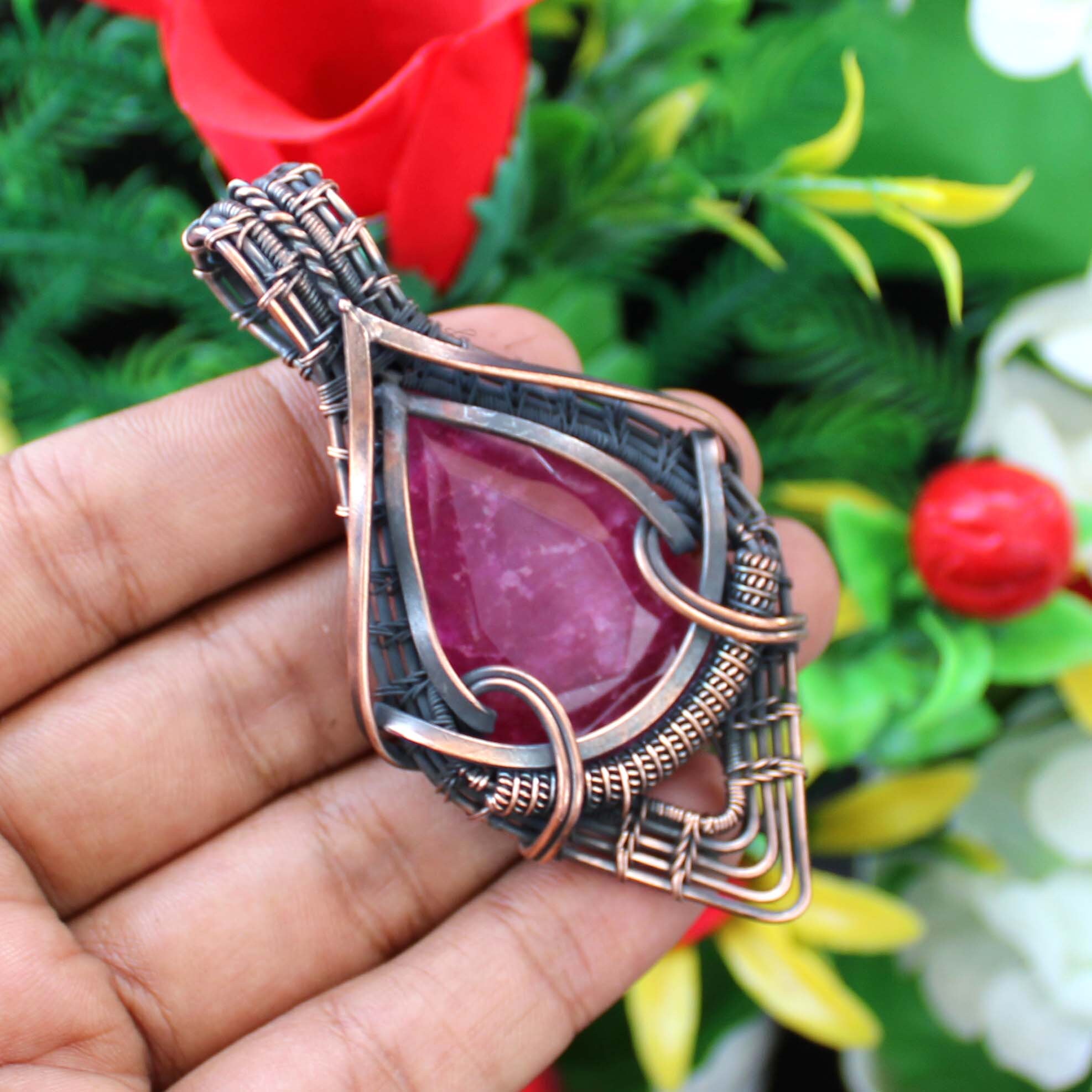 Kashmir Red Ruby Pendant Copper Wire Wrapped Gemstone Pendant