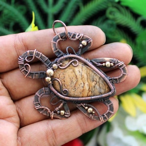Picture Jasper Pendant Copper Wire Wrapped Pendant Wire Wrapped Jewelry Gemstone Jewelry Handmade Pendant Turtle Pendant Copper Wire Jewelry