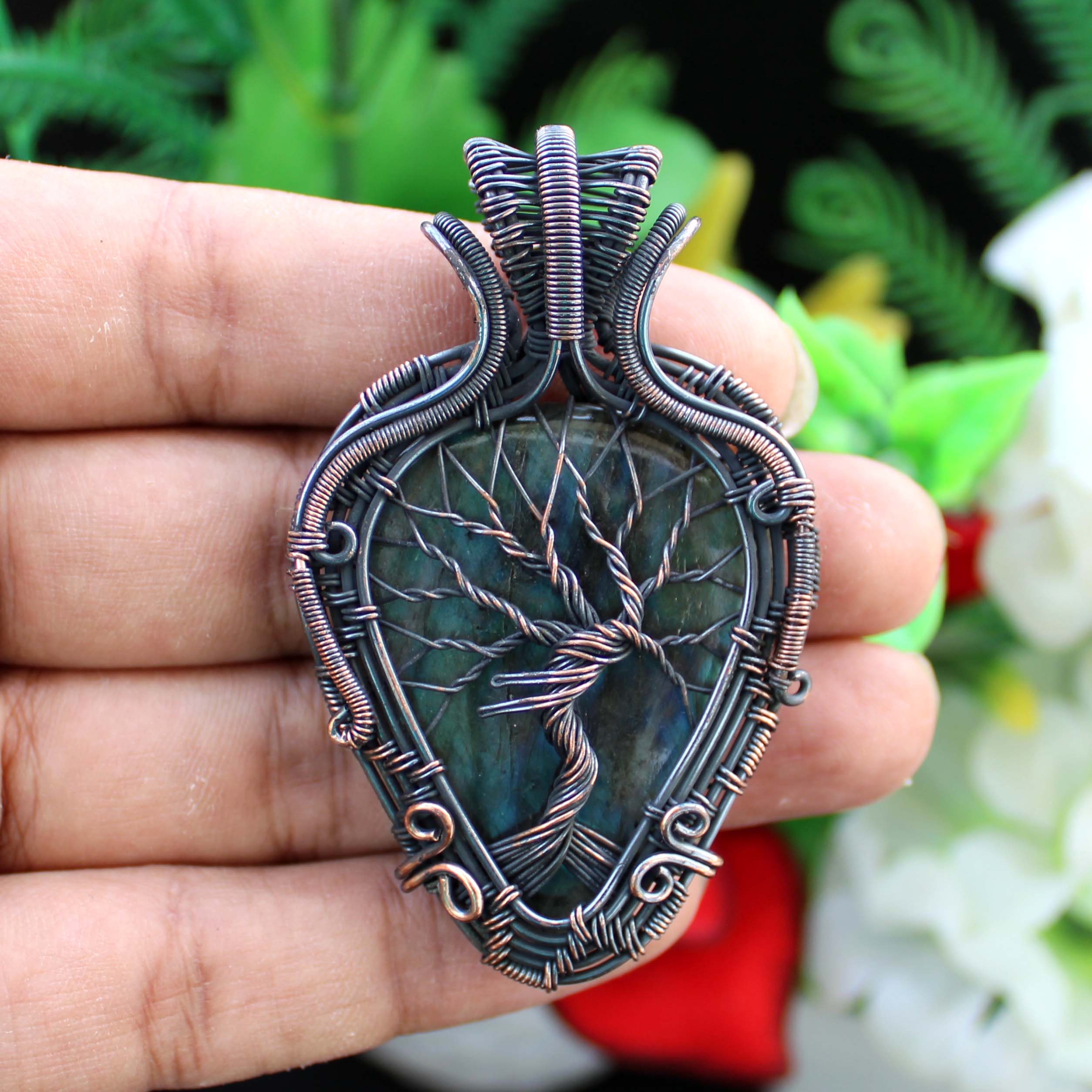 Ciondolo Albero Della Vita In Rame Con Labradorite Naturale – Fatto A Mano In India – Gioiello Etnico