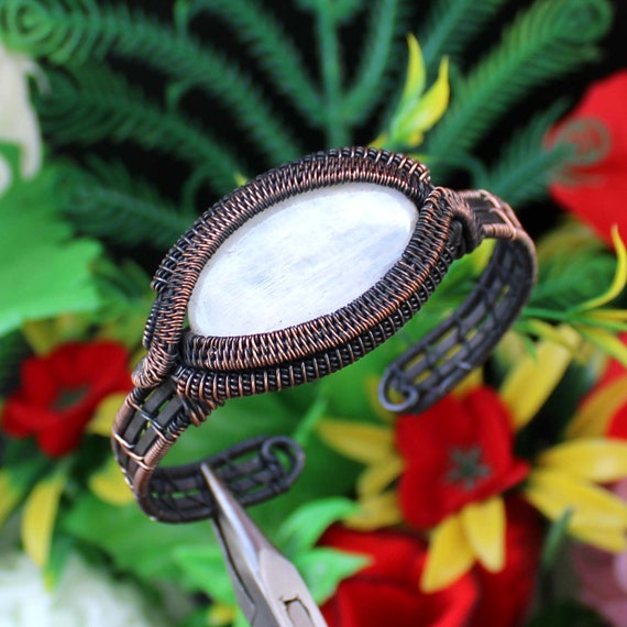 Moonstone Wire Wrapped Bangle Bracelet Natural Moonstone Bangle Cuff  Handmade Bangle Bracelet Copper Wire Wrapped Jewelry Gift for Wife