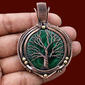 Handmade Copper Tree of Life Pendant, Malachite Gemstone Jewelry
