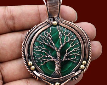 Ciondolo in rame con albero della vita fatto a mano, gioielli con pietre preziose di malachite