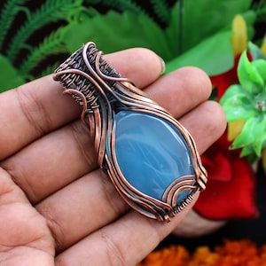 Blue Chalcedony Pendant Chalcedony Copper Wire Wrapped Pendant Gemstone Copper Jewelry Handmade Pendant Gift For Her Chalcedony Jewelry