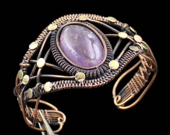 Amethyst Cuff Bracelet Copper Wire Wrap Cuff Bracelet Handmade Bangle Amethyst Bangle Copper Bangle Mens Bracelet Amethyst Wire Wrap Jewelry