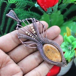 Fossil Coral Pendant Fossil Coral Wire Wrapped Pendant Handmade Pendant Copper Wire Wrapped Jewelry Gemstone Pendant Wire Weaving Pendant