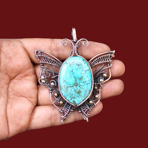 Tibetan Turquoise Pendant Copper Wire Wrapped Pendant Handmade Copper Jewelry Butterfly Pendant Amazing Wire Wrapped Jewelry Gift For Love