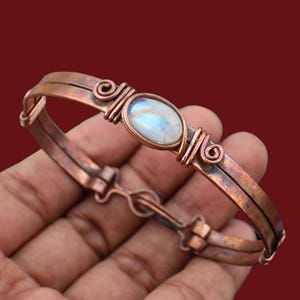 Wire Wrapped Rainbow Moonstone Copper Cuff Bracelet