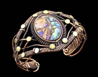 Abalone Shell Cuff Bracelet Copper Wire Wrapped Bangle Cuff Bracelet  Abalone Shell Bangle Gemstone Jewelry Handmade Cuff Wire Wrap Jewelry